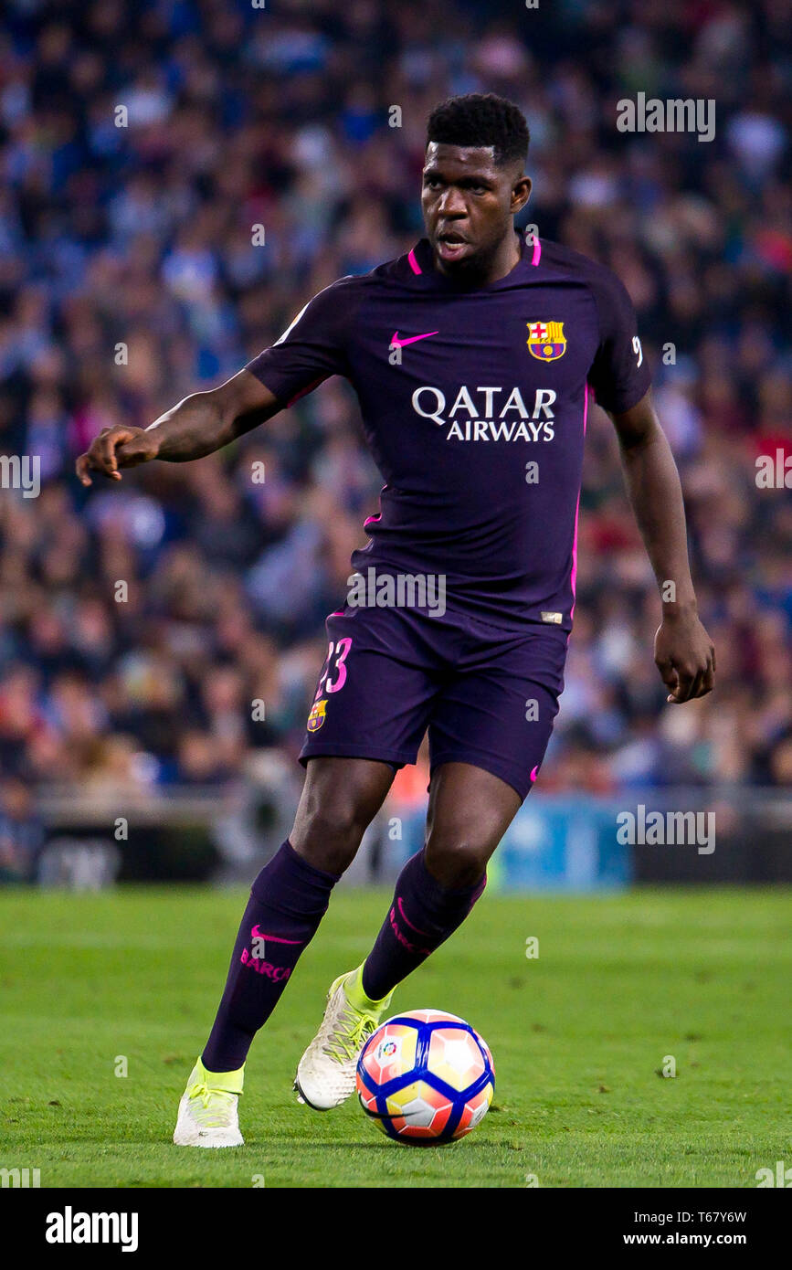 Barcelone - APR 29 : Samuel Umtiti joue au match de la Liga entre l'Espanyol et le FC Barcelone au stade RCDE Le 29 avril 2017 à Barcelone, Spa Banque D'Images