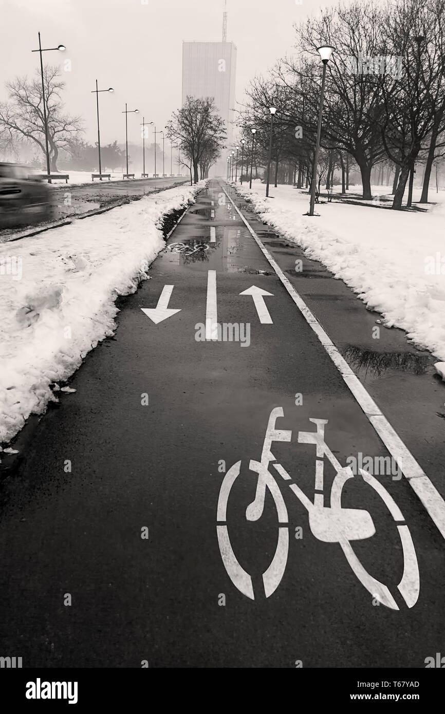 Voie cyclable humide en ville par mauvais temps en hiver avec la signalisation routière peinte sur le trafic d'asphalte symbole. Image en noir et blanc Banque D'Images