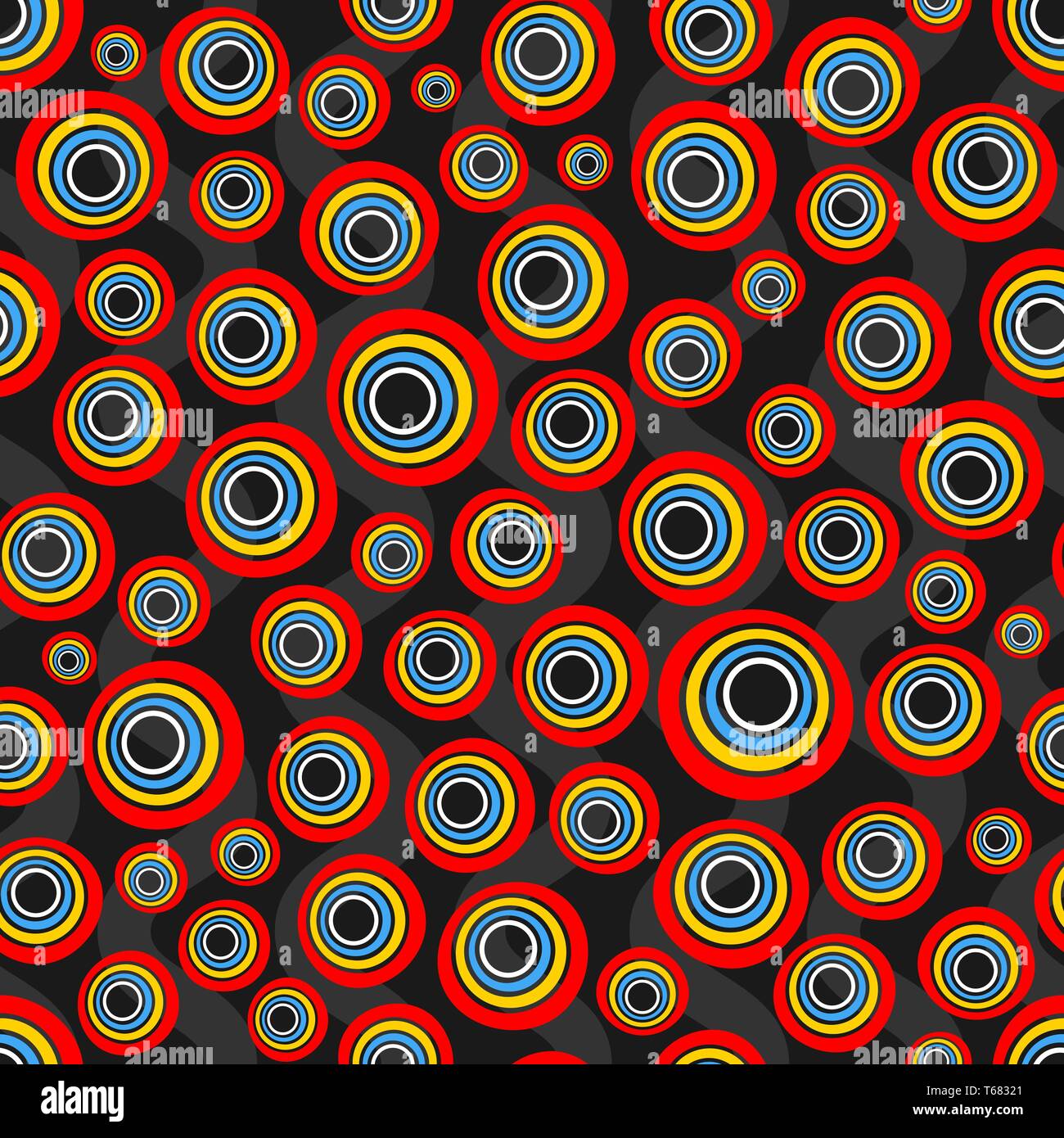 Seamless background de cercles concentriques dans les couleurs arc-en-ciel néon sur noir Illustration de Vecteur