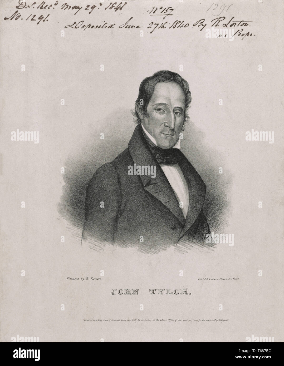 John Tyler (1790-1862), 10e président des États-Unis, la tête et épaules Portrait, lithographie de John T. Bowen à un tableau de R. Lorton, 1840 Banque D'Images