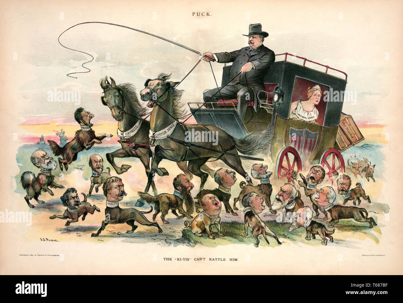 Caricature politique avec le président des États-Unis Grover Cleveland au volant d'une diligence, le 'ki-yis' Rattle lui, dessiné par J.S. Madeleine Barthélemy-madaule, lithographie de J. Pouf Lith. Co., Puck Magazine, Keppler & Schwarzmann, Mars 13, 1895 Banque D'Images