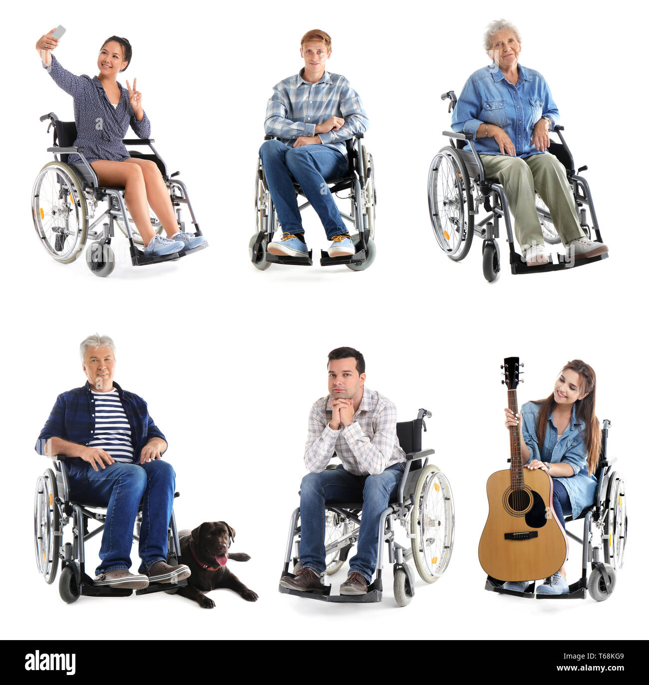 Différentes personnes en fauteuil roulant sur fond blanc Banque D'Images