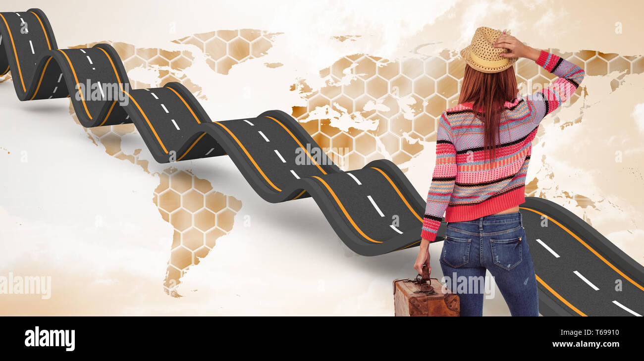 Image composite de la vue arrière d'un hipster woman holding suitcase Banque D'Images