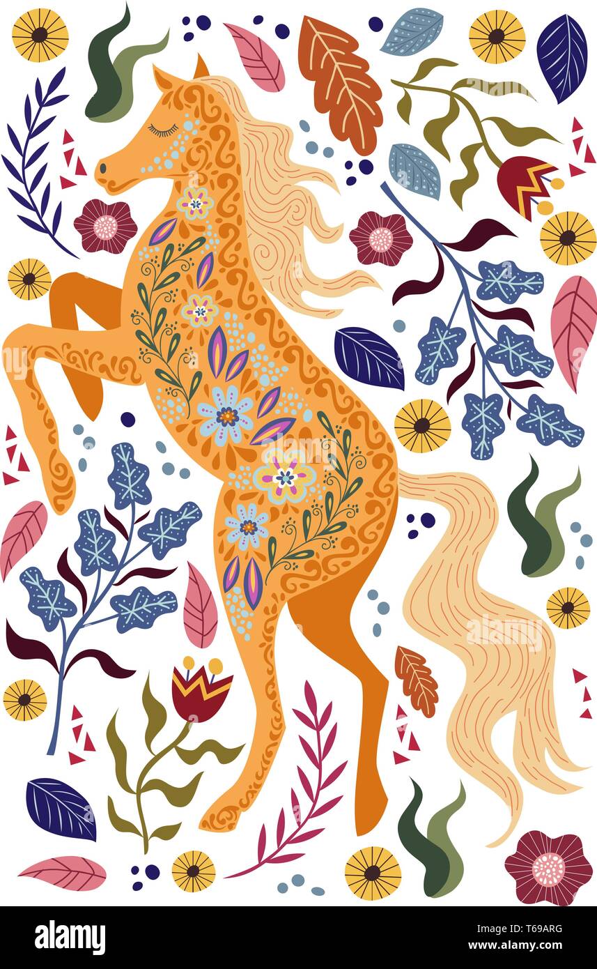 Vector Art illustration colorée verticale avec de belles fleurs et cheval folk abstrait. Illustration de Vecteur