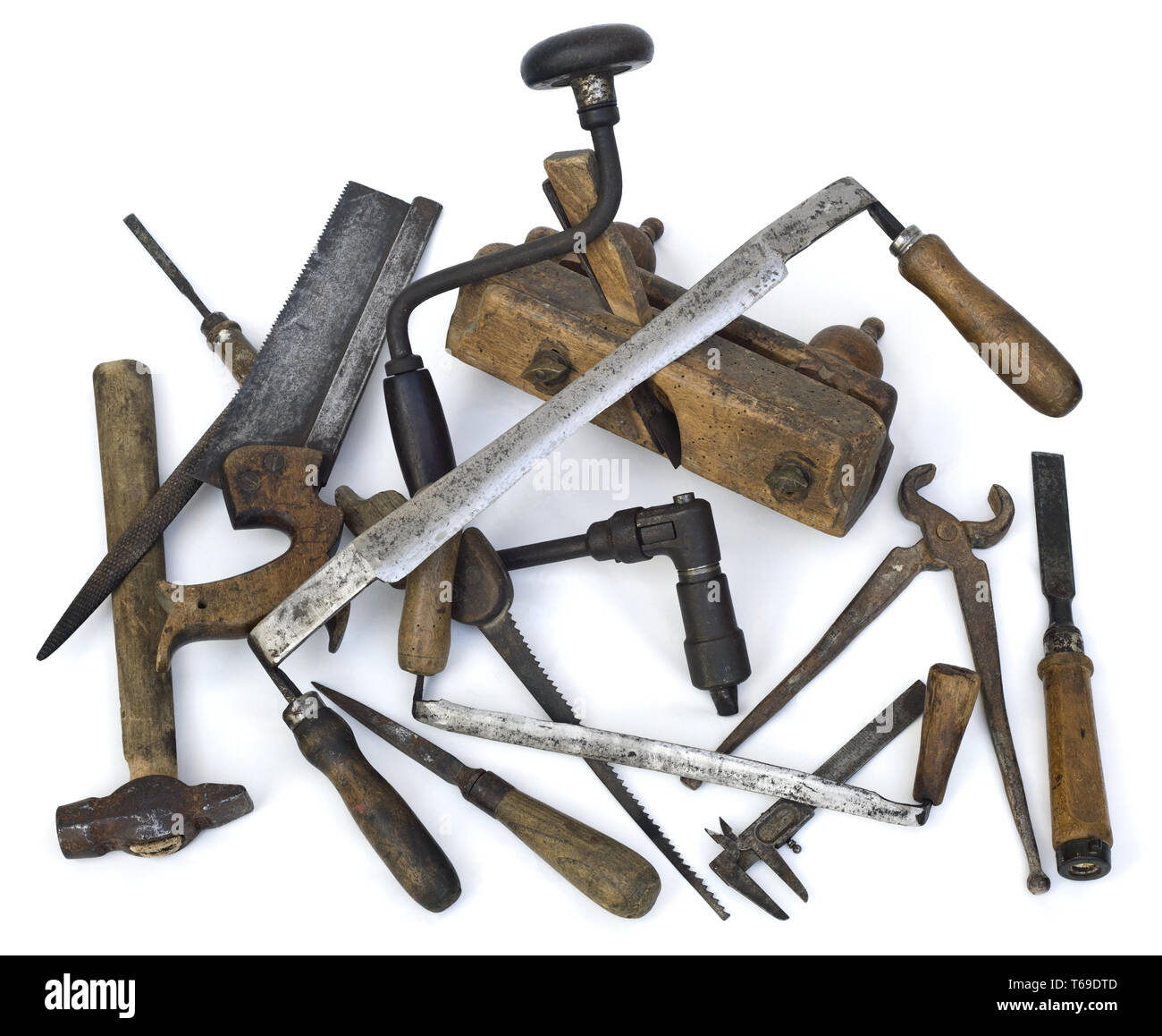 Vieux outils de charpentier, outils en fer, poinçons, bois, outil
