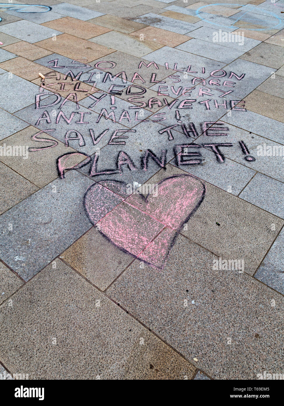 Graffiti à la craie sur la place de la ville dans la région de Weston-super-Mare, Royaume-Uni dans le cadre d'une manifestation organisée par la rébellion Extinction Weston-super-Mare. Banque D'Images