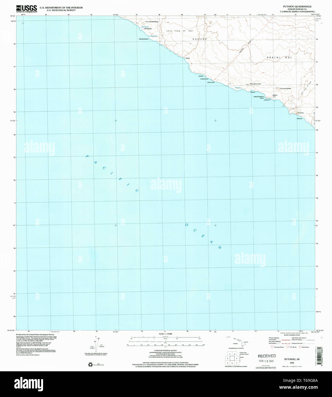 USGS TOPO Map Hawaii HI 349729 24000 Puuhou 1995 Restauration Banque D'Images