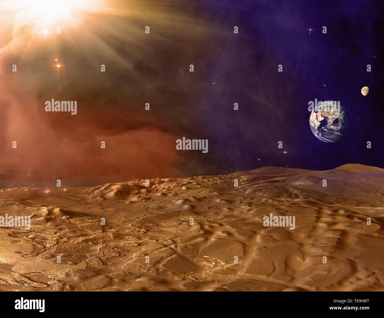 Planète Mars paysage. Surface de mars et la poussière dans l'atmosphère avec la terre et de la lune sur l'horizon. Tempête de poussière sur Mars. Éléments de cette image fournie Banque D'Images