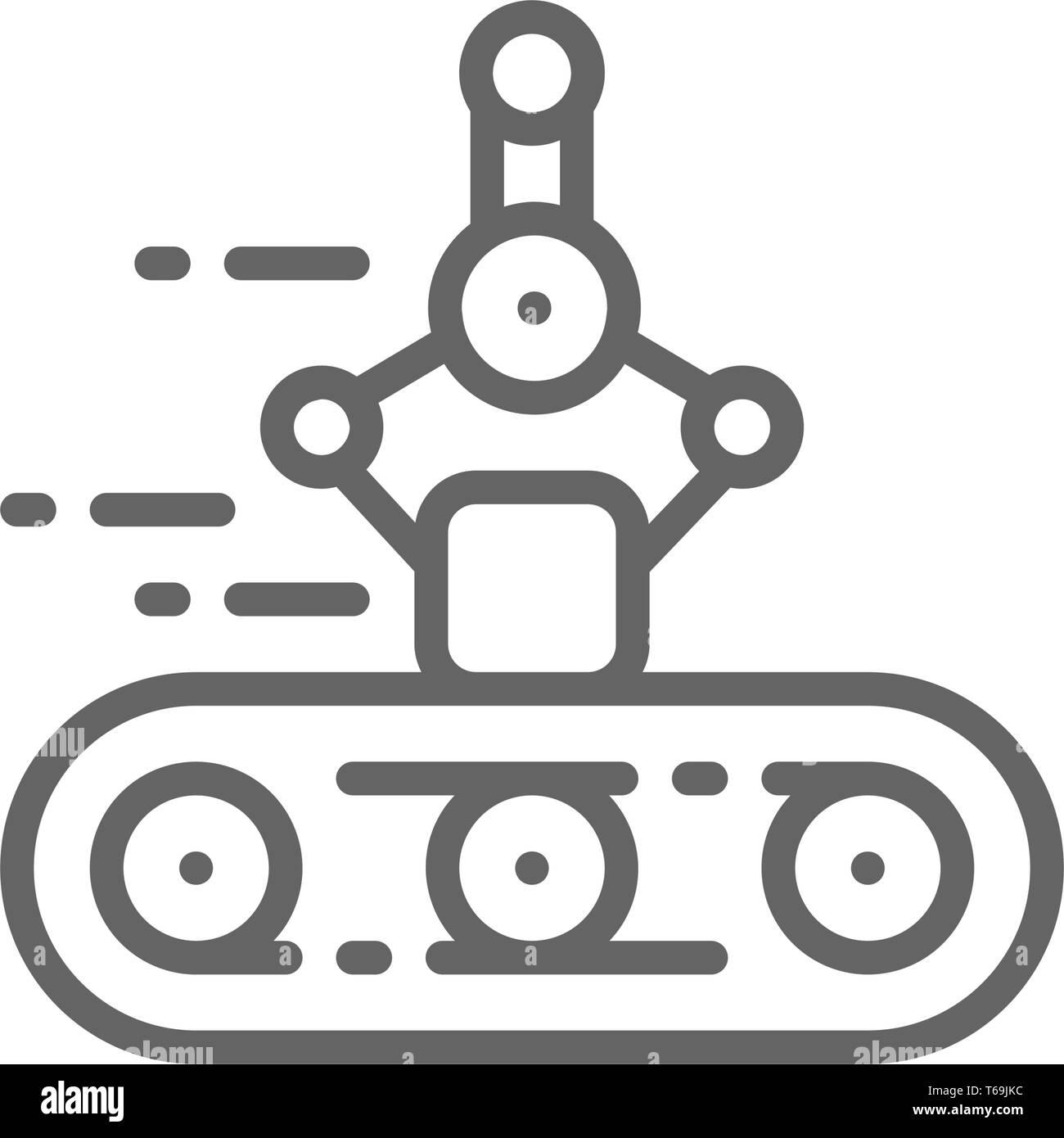 Convoyeur à courroie, bras mécanique robotique, l'icône de la ligne d'emballage. Illustration de Vecteur