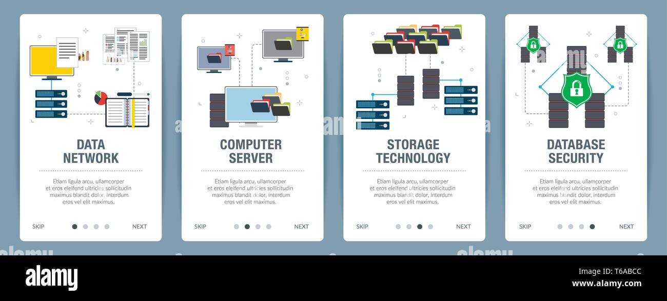 Vector set de bannières web vertical avec des données réseau, serveur informatique, technologie de stockage et de sécurité de base de données. Vector Modèle de page d'un site web pour Illustration de Vecteur