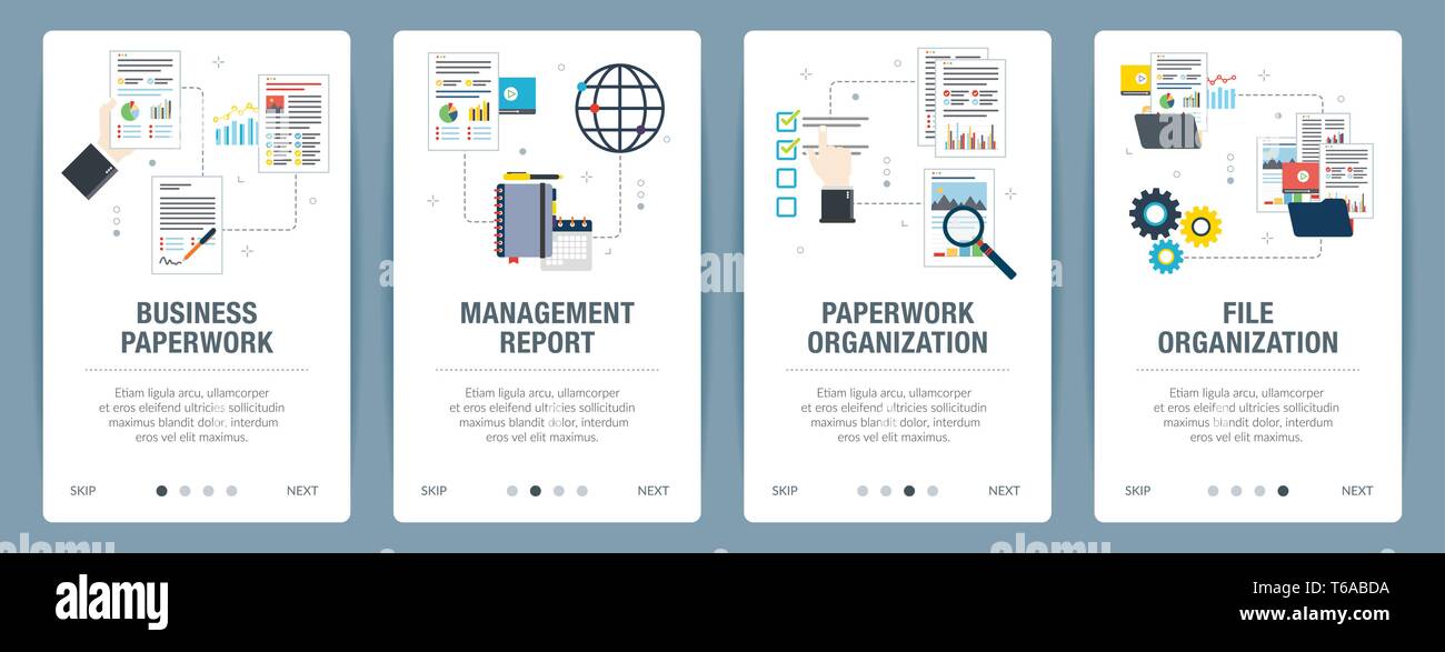 Vector set de bannières web vertical avec les documents, rapport de gestion, organisation de la paperasserie, l'organisation des fichiers. Modèle de page de scénario pour w Illustration de Vecteur