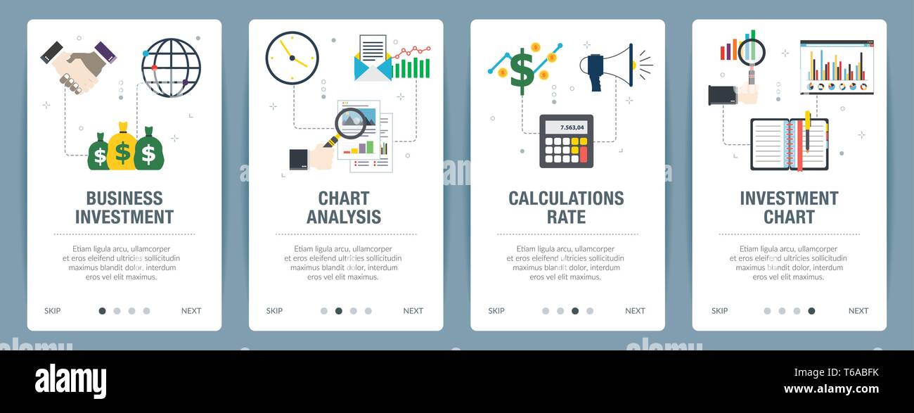 Vector set de bannières web vertical avec l'investissement des entreprises, l'analyse graphique, des calculs et de l'investissement taux de tableau. Modèle de page de scénario pour websit Illustration de Vecteur