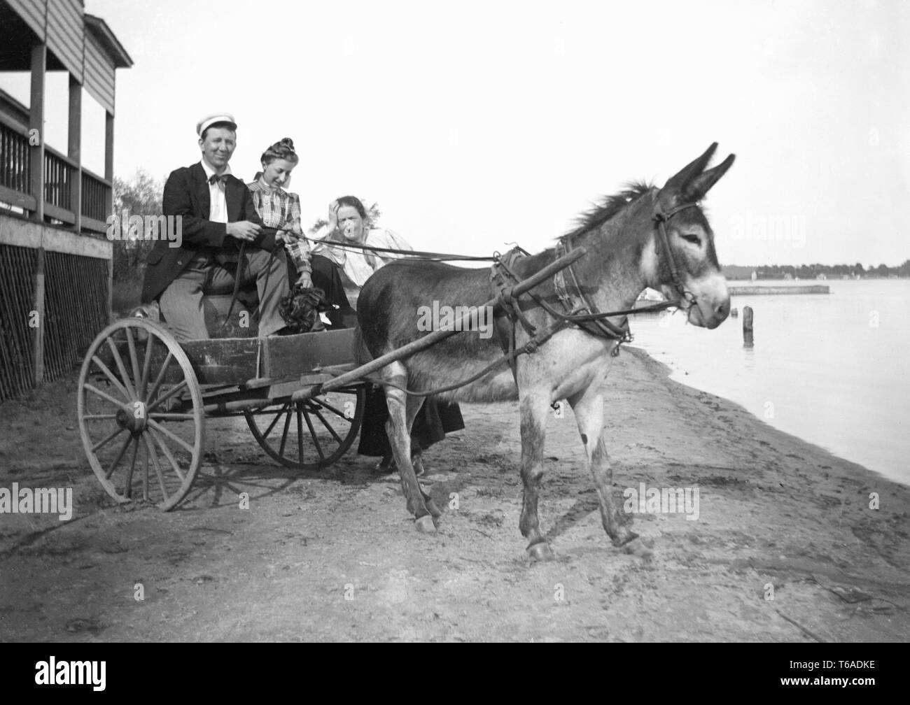 Maman semble prête à envoyer la fille et son gendre dans leur charrette à ânes, ca. 1910. Banque D'Images