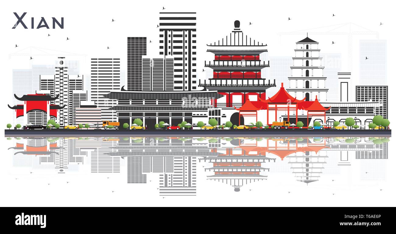 Xian Chine Skyline avec bâtiments de couleur et réflexions isolé sur blanc. Vector Illustration. Les voyages d'affaires et tourisme Concept. Illustration de Vecteur