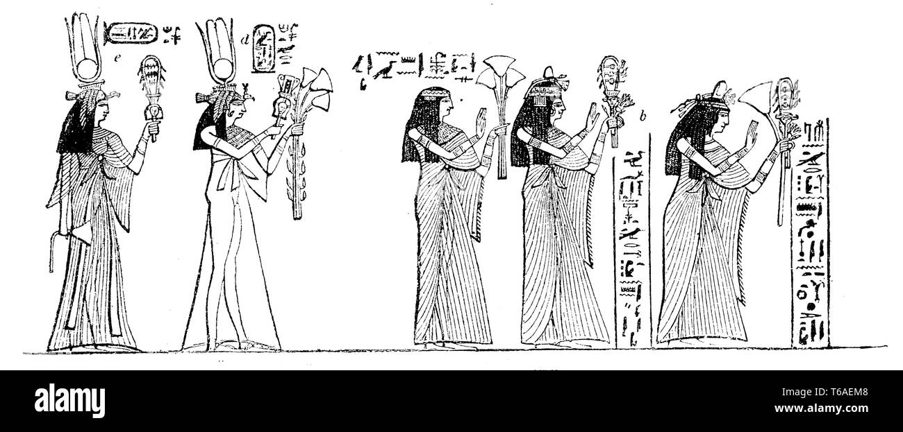 Les femmes égyptiennes au service du temple avec la Sistron (Sistre). Après Wilkinson, 1885 Banque D'Images