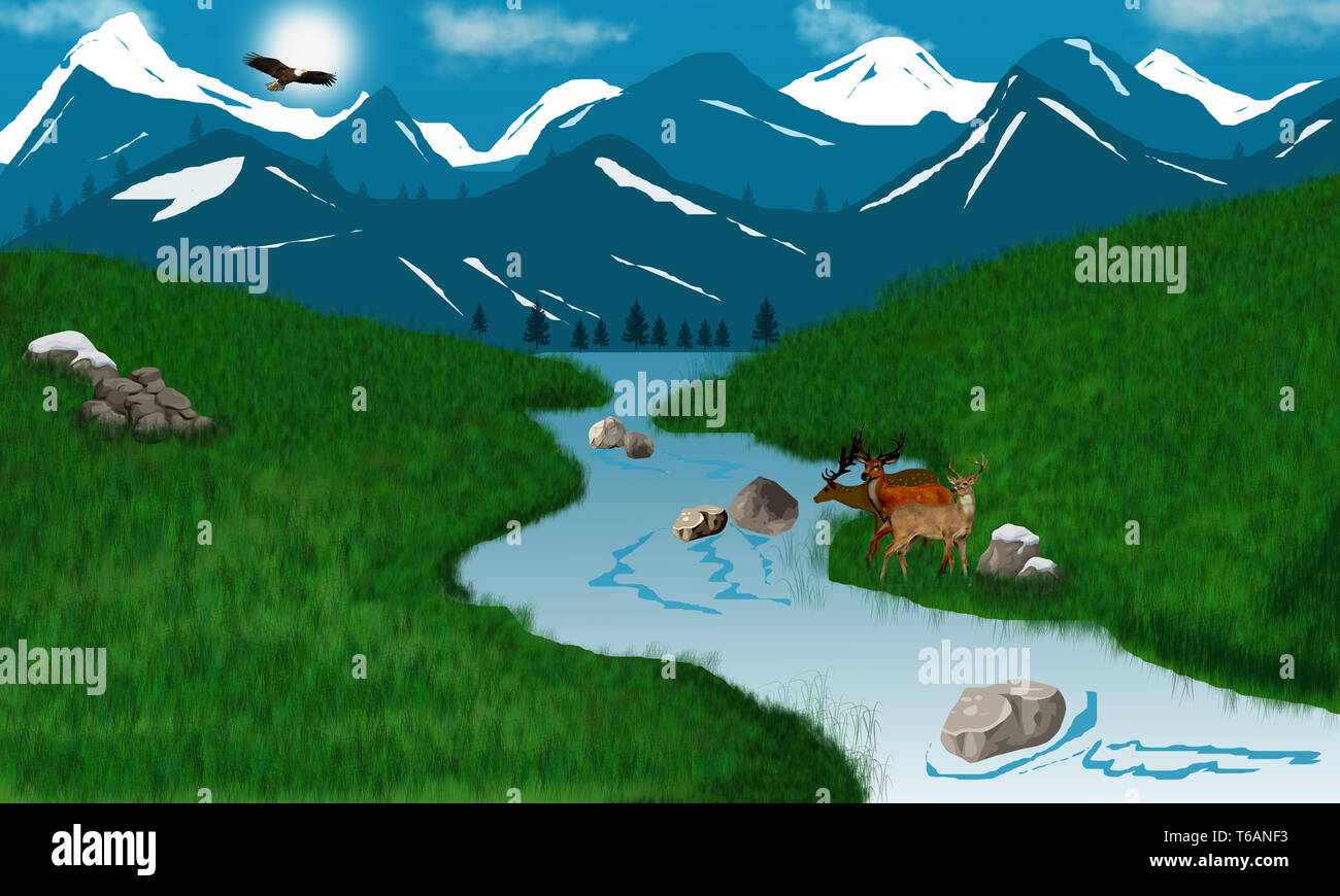 Vector Illustration d'un paysage de montagne avec de la neige en montagne et les cerfs. Résumé fond. Banque D'Images
