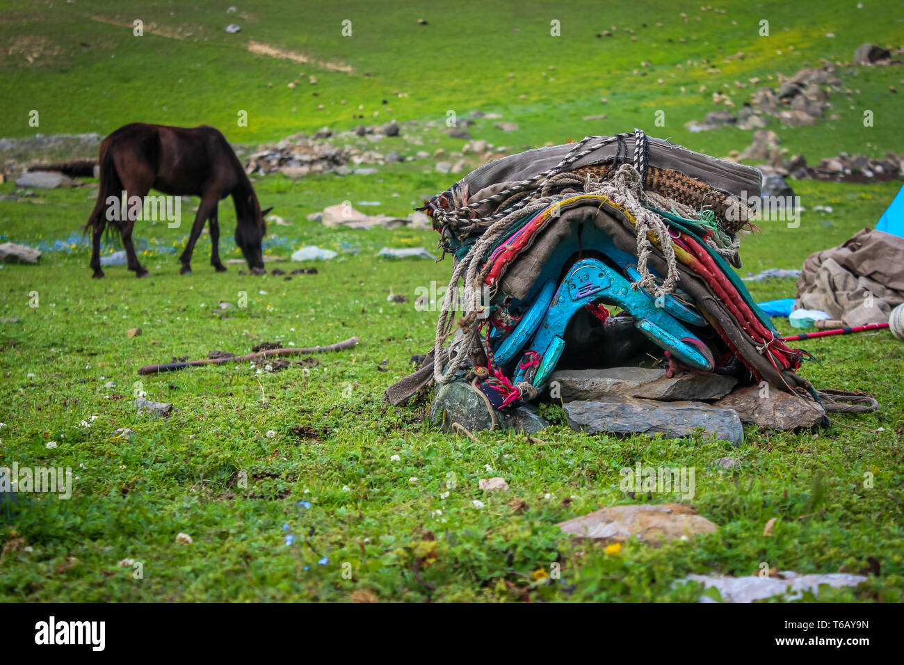Selle d'un cheval chargé avec des chiffons d'Bakerwals au Cachemire. Un cheval dans l'arrière-plan. Banque D'Images