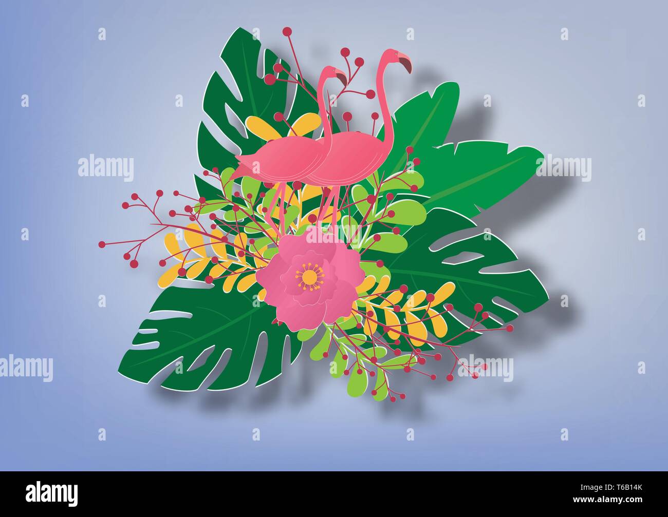 Vector background avec flamingo et feuilles et fleurs Illustration de Vecteur