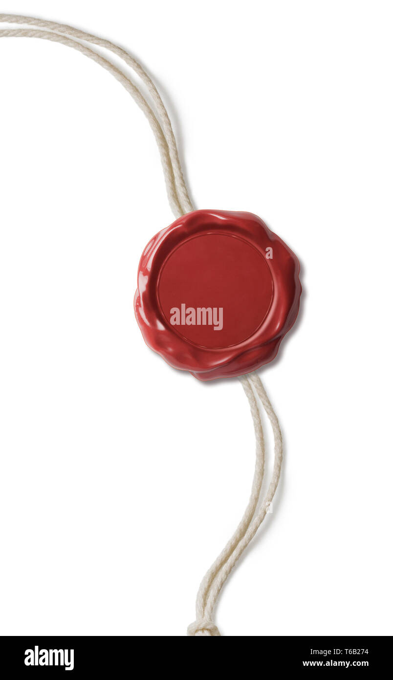Sceau de cire rouge avec thread isolated on white Banque D'Images