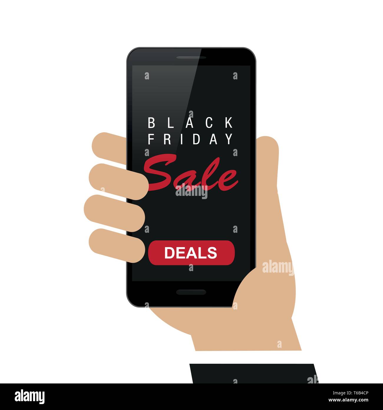 Mains courantes smartphone avec le black friday vente offres shopping concept isolé sur fond blanc vector illustration EPS10 Illustration de Vecteur
