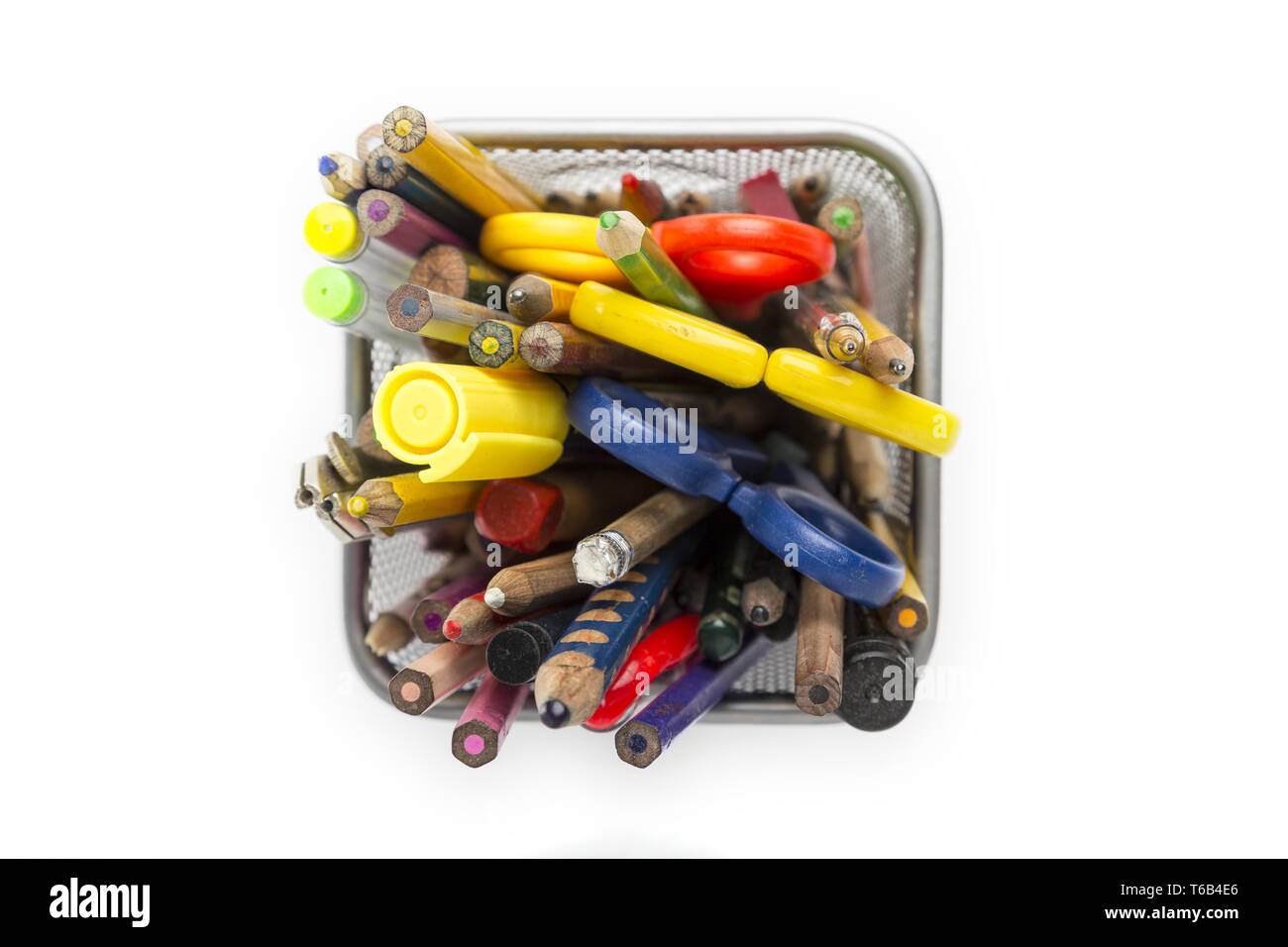 Vue de dessus d'un crayon pot avec les fournitures de bureau Photo Stock -  Alamy