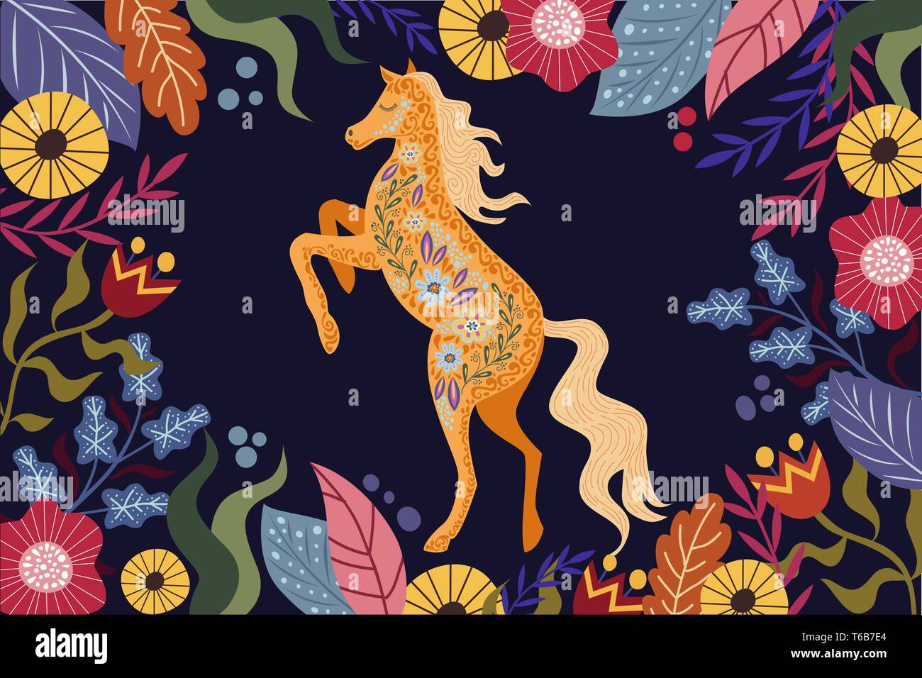 Vector Art illustration colorée horizontale avec de belles fleurs et cheval folk abstrait sur un fond sombre. Illustration de Vecteur