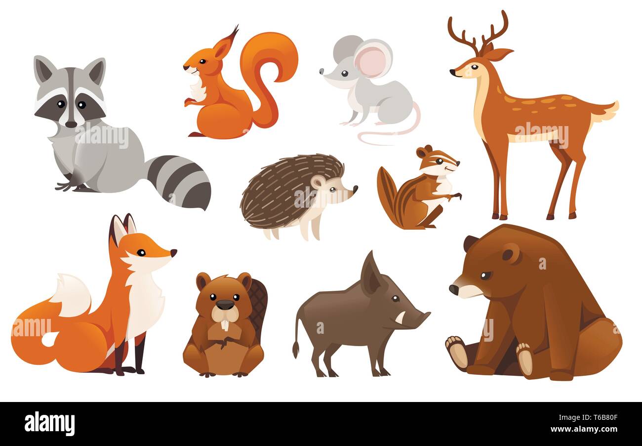 Ensemble des animaux de la forêt. L'icône de couleur collection animale. Pillage et de mammifères herbivores. Télévision vector illustration isolé sur fond blanc. Illustration de Vecteur