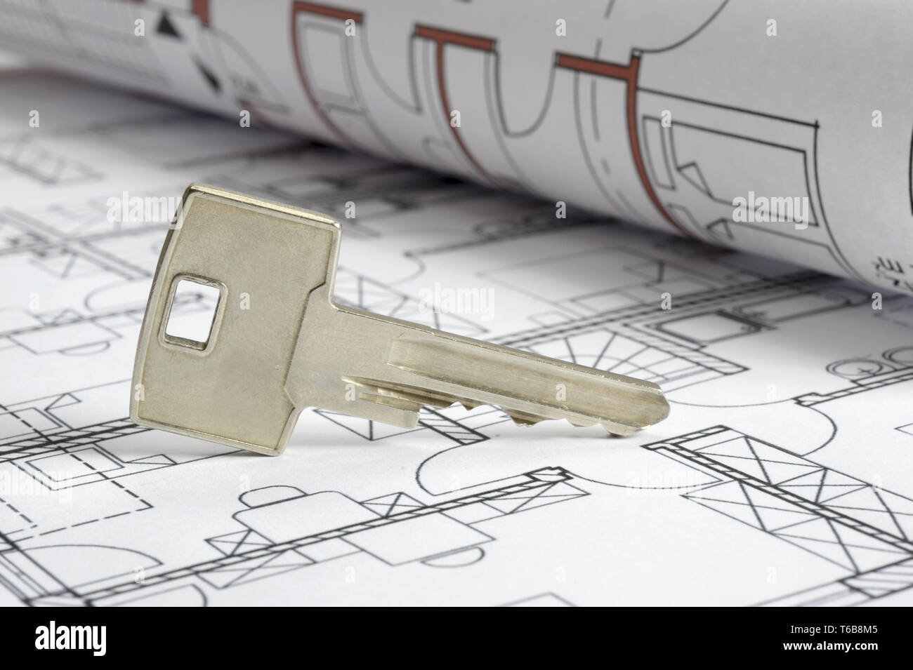 Clé de la maison sur plan de construction Banque D'Images