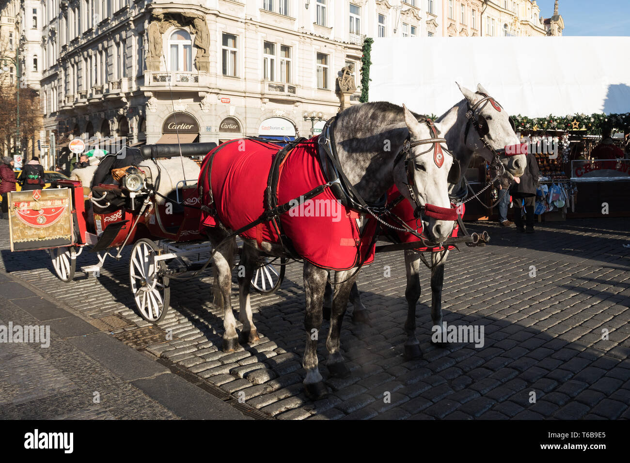 Transport de chevaux attendent les touristes sur la place de la vieille ville de Noël Banque D'Images