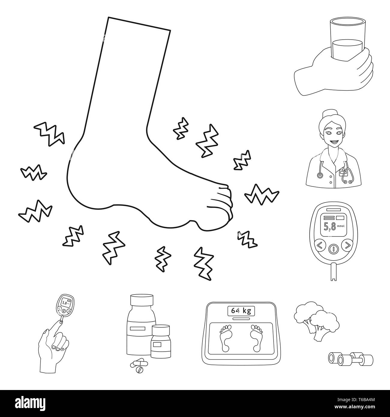 Foot,eau,infirmière,diabete,bouteille,Balance,brocolis,verre,flatfoot,médecin,mesure,comp,légumes,équilibre,os,soin,analyse,pharmacie,sang,poids,vitamine,cheville,minéral,Niveau,Travail,test,sport,le diabète sucré,prophylaxie,santé,alimentation,symptôme,maladie,traitement,santé,médecine,,set,icône,,illustration,collection,isolé,design,graphisme,élément signe,ligne,plan,vecteurs vecteur , Illustration de Vecteur
