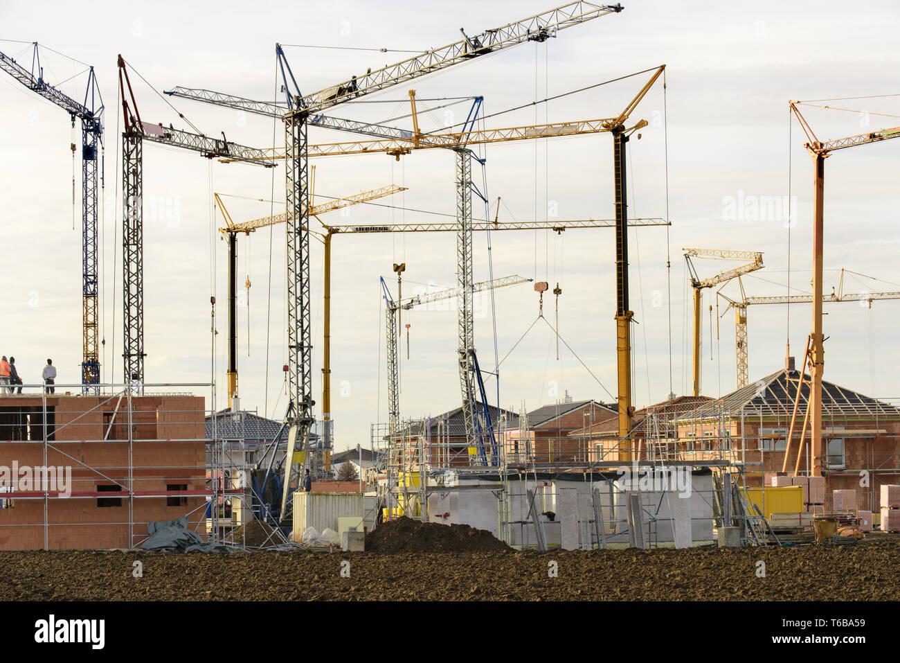 De nouvelles maisons en construction avec beaucoup de grues Banque D'Images