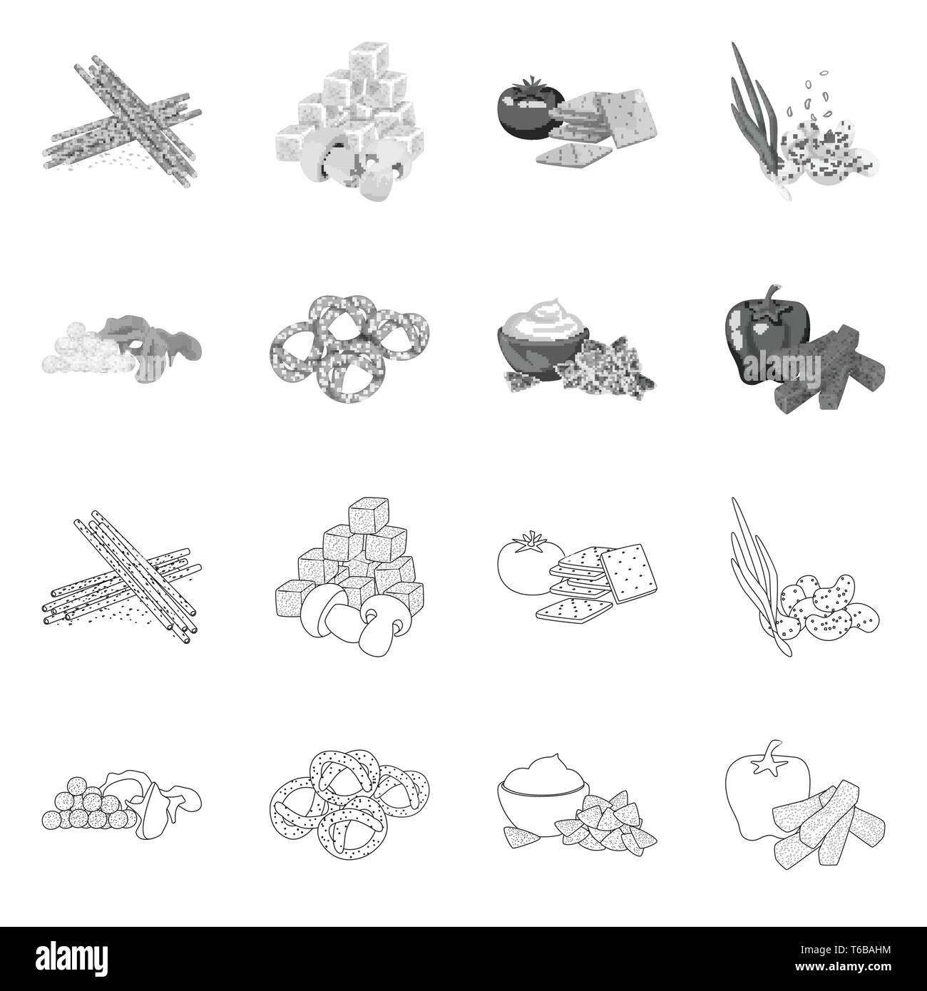Croûtons,paille,cracker, livraison,maïs bretzel,snack,tomate,champignons,bois,soft,cookie, pain, pomme de terre,légumes,sésame,German,dessert,le poivre,apéritif,agriculture,oignon,chanterelle,crème,doux,rouge,petits,crouton,carre,légumes,goût seasonin,ingrédient,,bio,produits,croquant,cuisine,set,arôme,vector icon,illustration,collection,isolé,design,graphisme,élément vecteur vecteurs,signer , Illustration de Vecteur