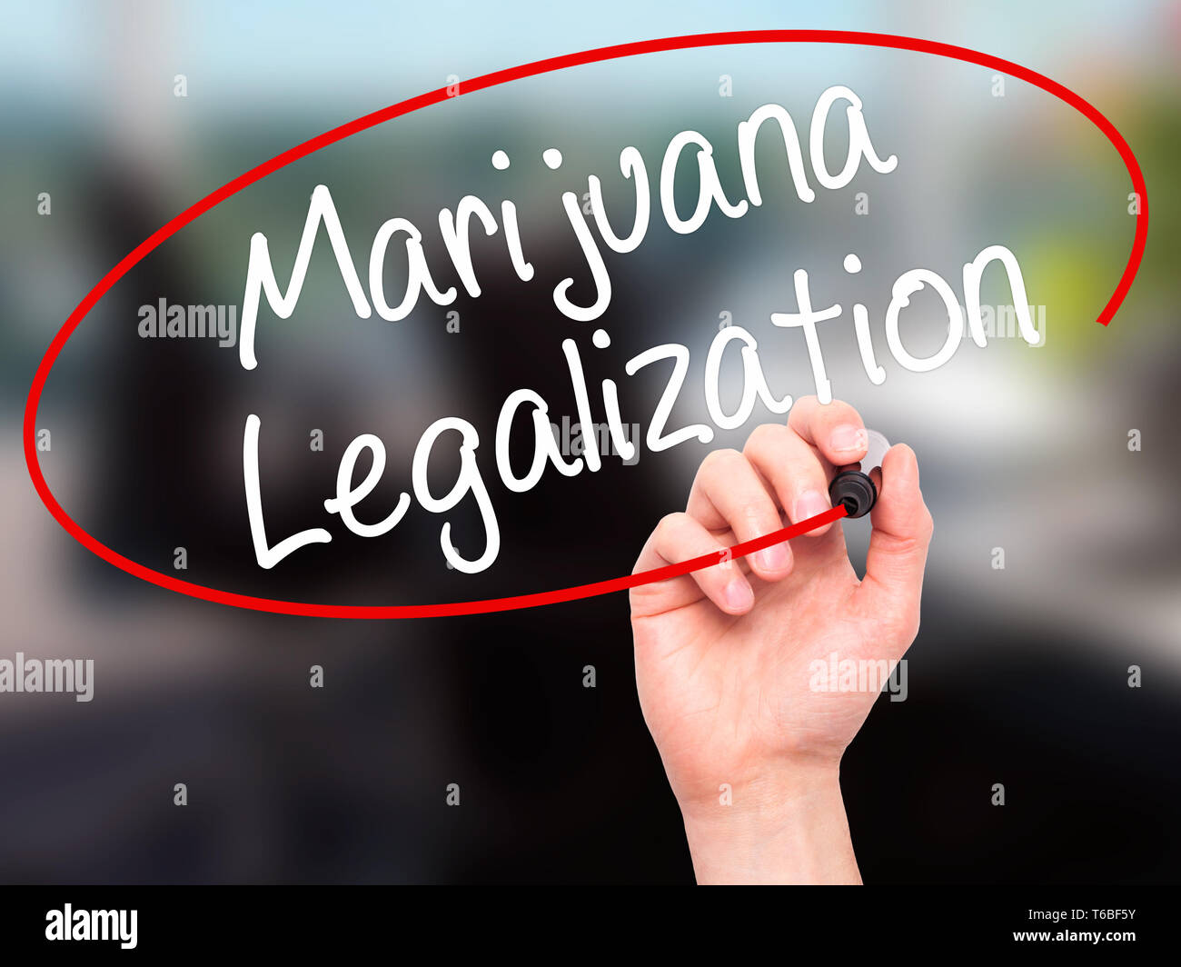 Man main écrit légalisation de la marijuana avec marqueur noir sur l'écran visuel Banque D'Images