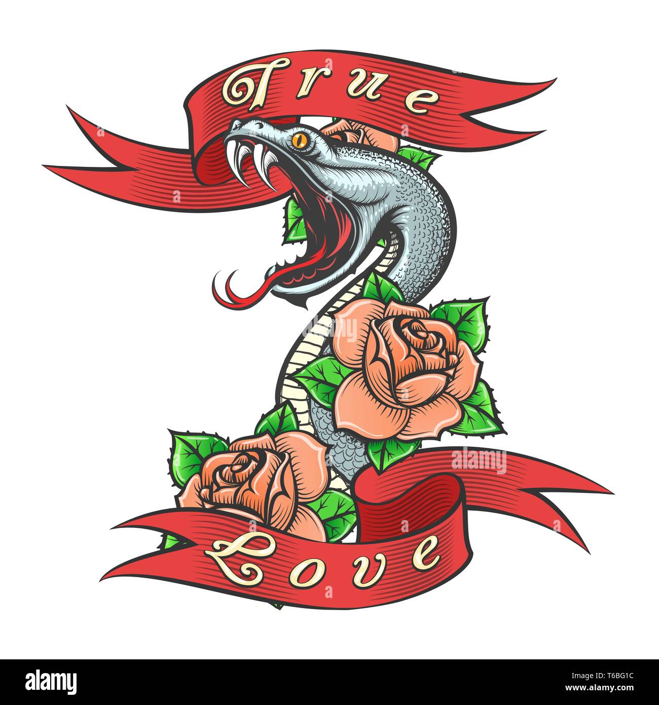 Snake en fleurs rose et l'amour vrai lettrage dessiné dans old school tattoo Style. Vector illustration. Illustration de Vecteur