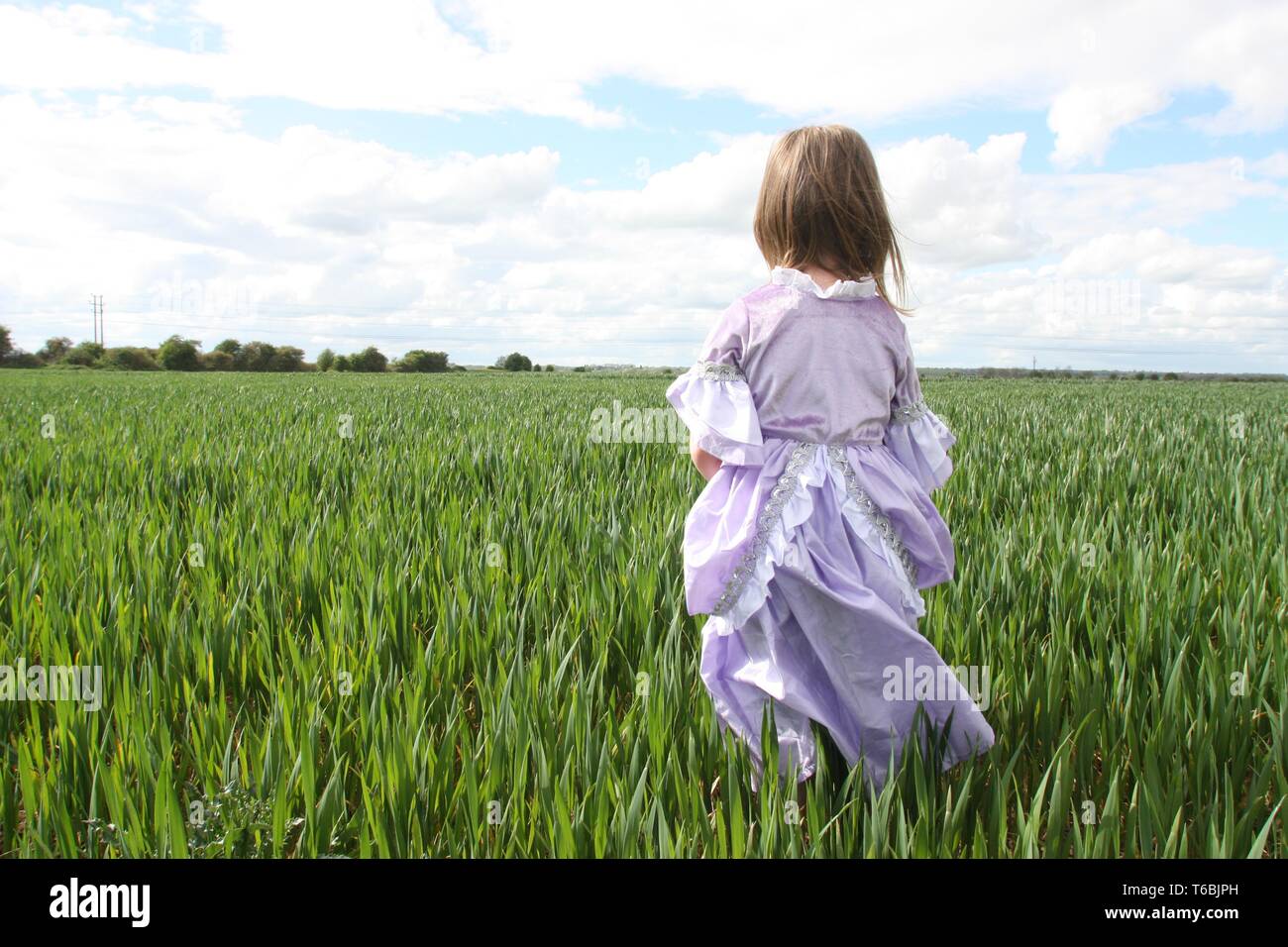 Fille en robe pourpre debout dans un champ Banque D'Images