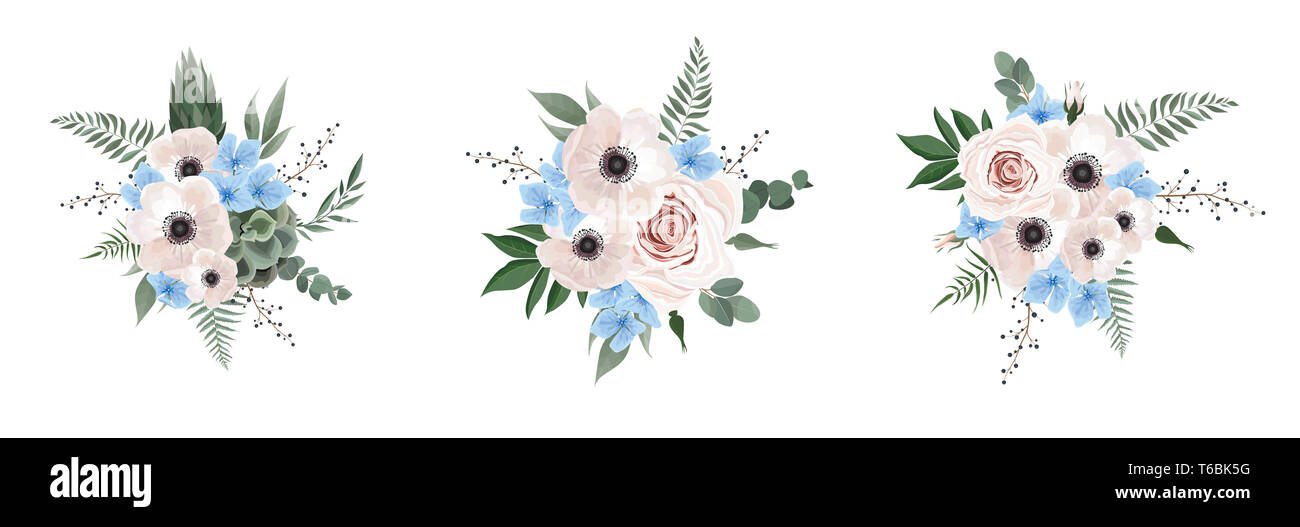 Bouquet floral design anemone, branche d'Eucalyptus . Inviter mariage Aquarelle carte element set designer Banque D'Images