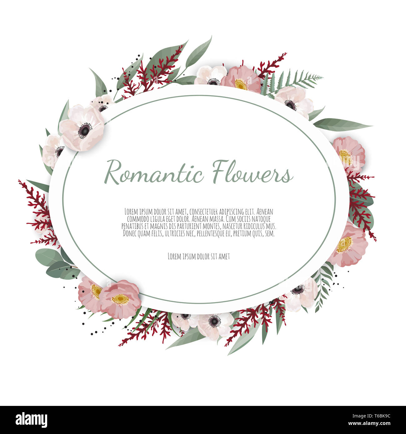 Floral design card. Message d'accueil, inviter mariage carte postale modèle. Cadre élégant avec anémone et rose. Banque D'Images