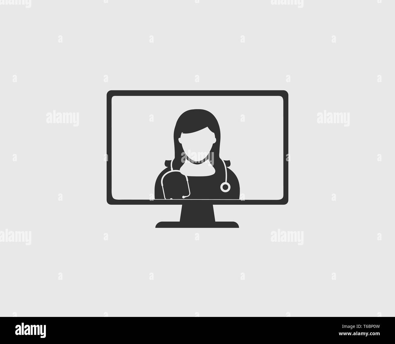 L'icône d'aide médicale en ligne. Femme médecin est sur l'écran de l'ordinateur avec un fond gris. Illustration de Vecteur