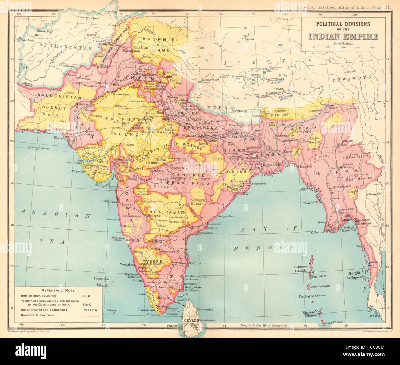 Les divisions politiques de l'Inde britannique. Etats indiens 1931 old vintage carte graphique Banque D'Images