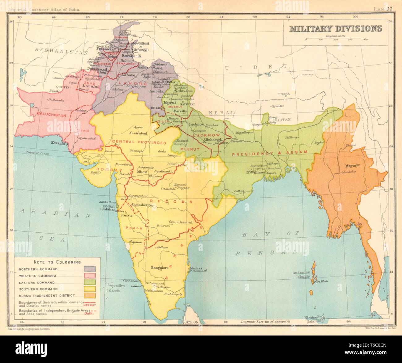 L'Inde britannique divisions militaires. Le nord de l'Est du Sud 1931 commandes map Banque D'Images
