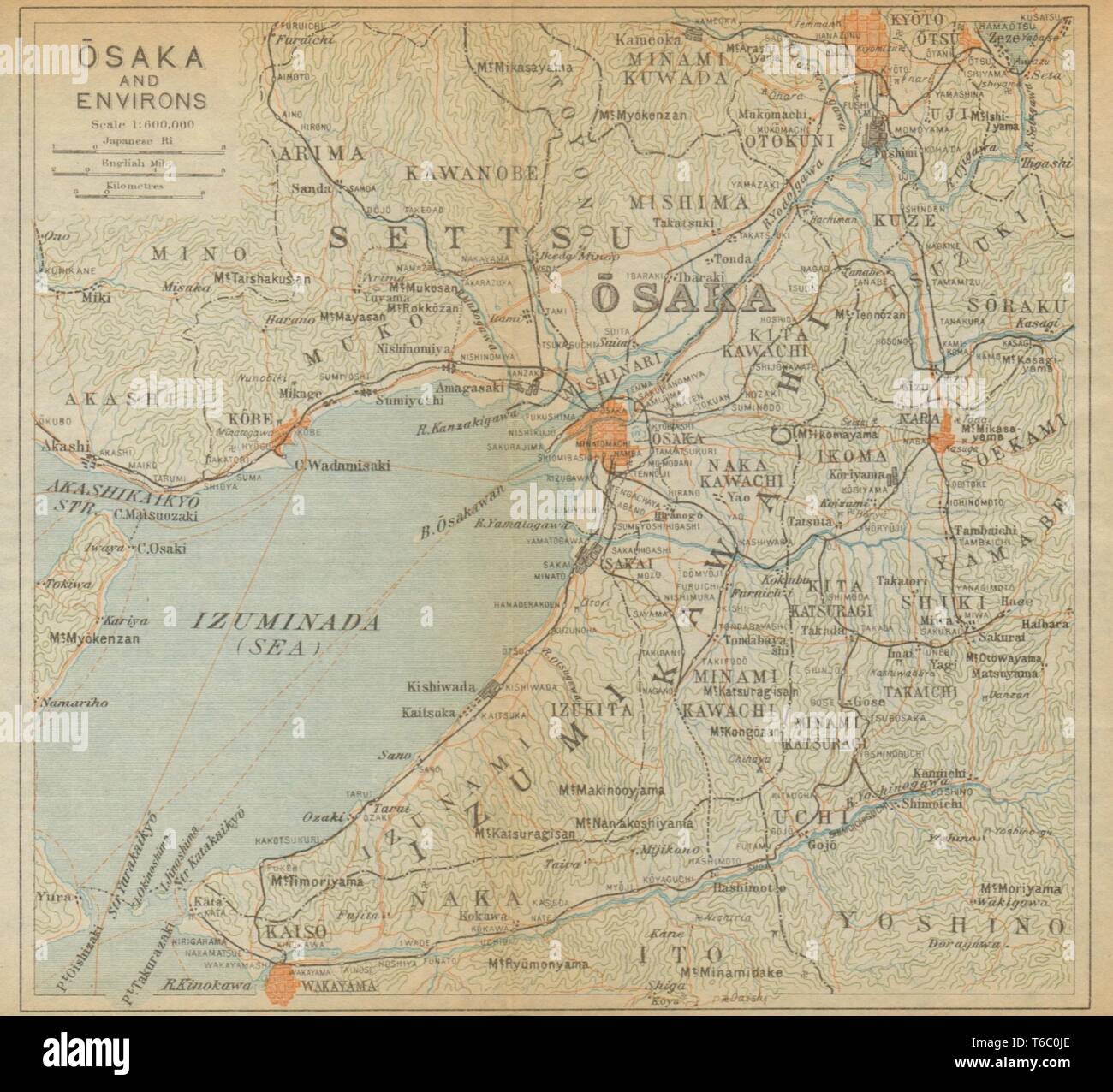 Osaka et ses environs. Japon 1914 ancienne carte graphique plan vintage Banque D'Images