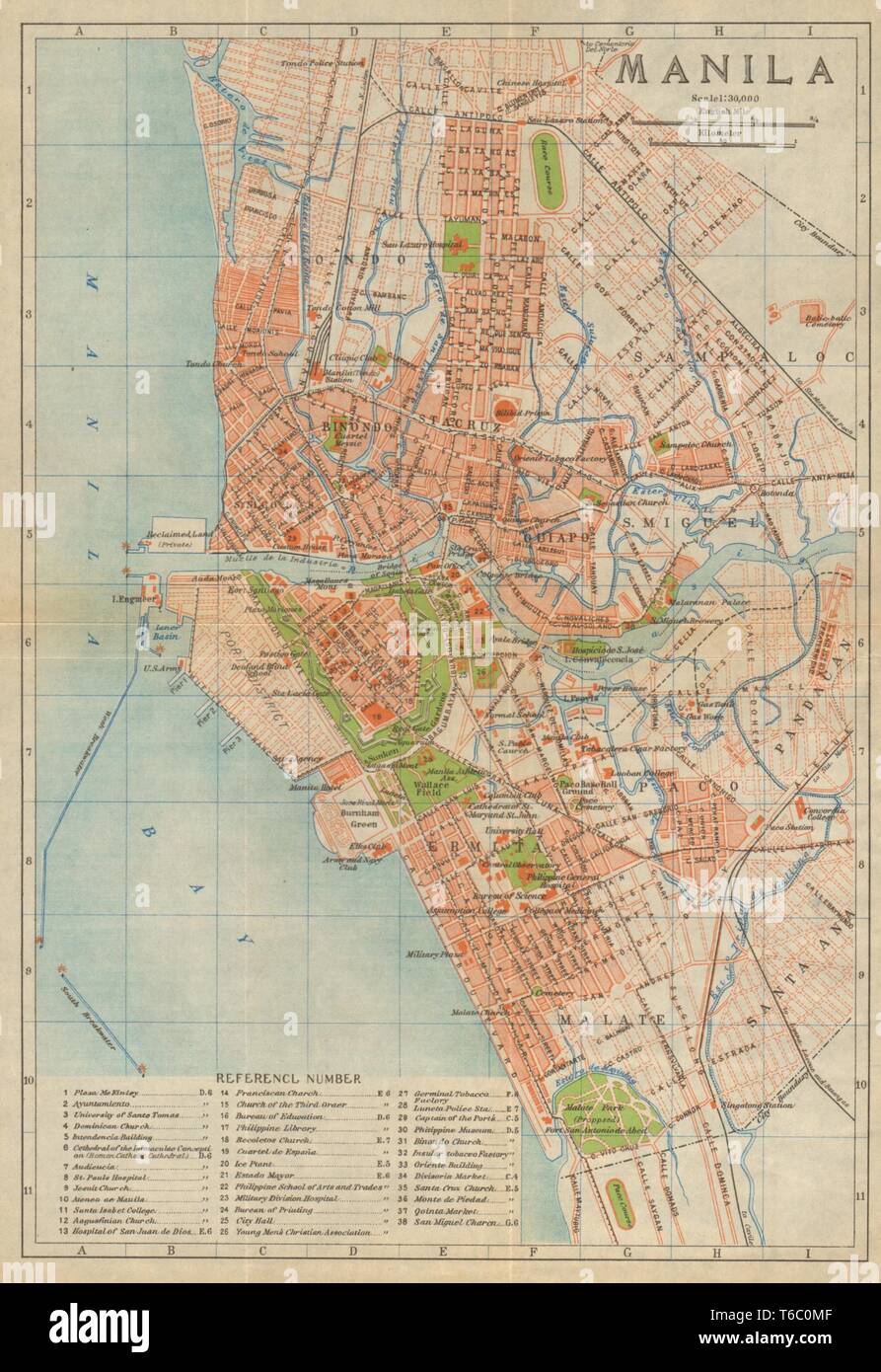 Plan de la ville ville antique de Manille. Philippines 1920 vieille carte graphique Banque D'Images