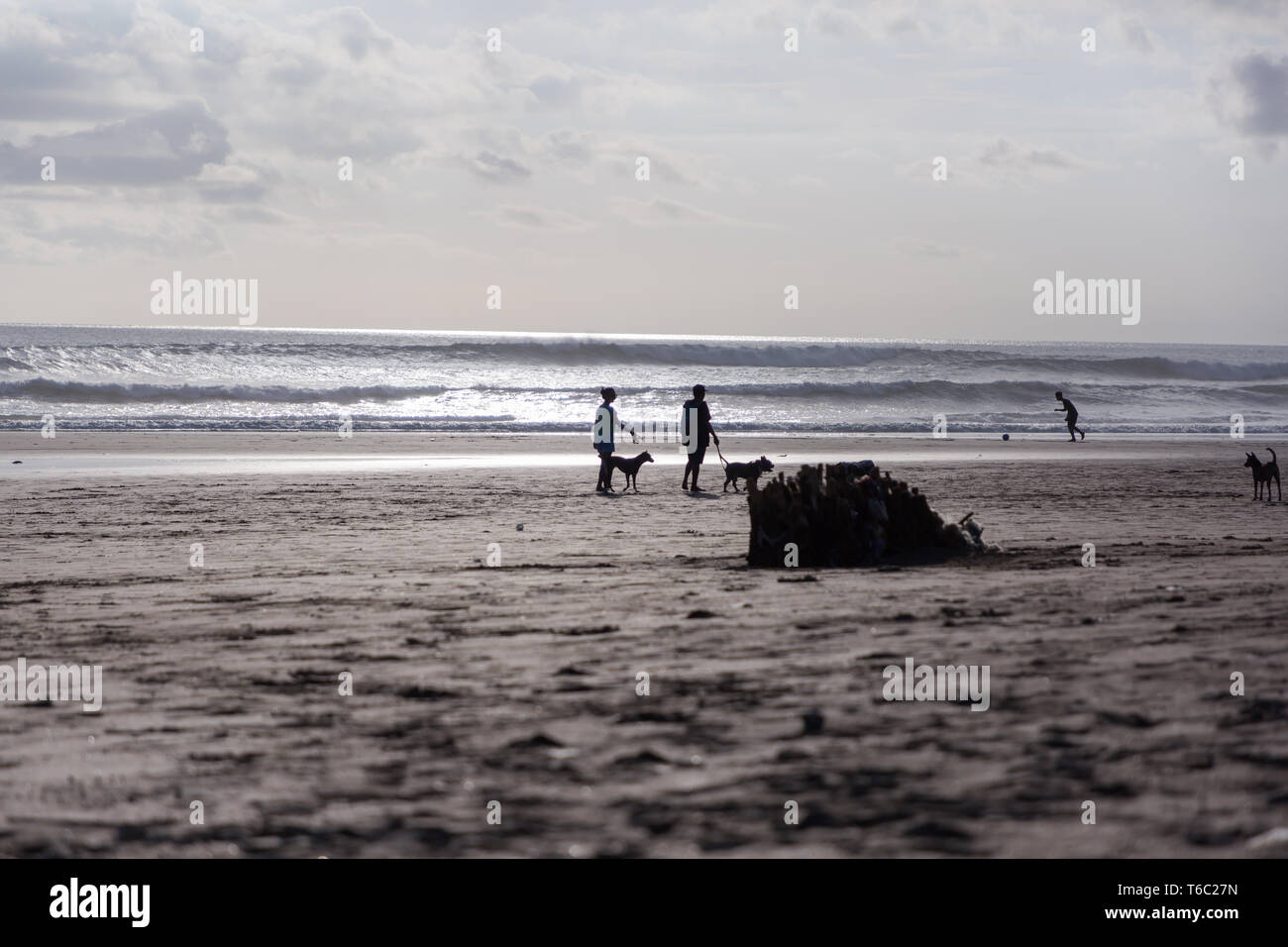 Les gens qui marchent à des chiens à la plage de Seminyak Bali sunse Banque D'Images