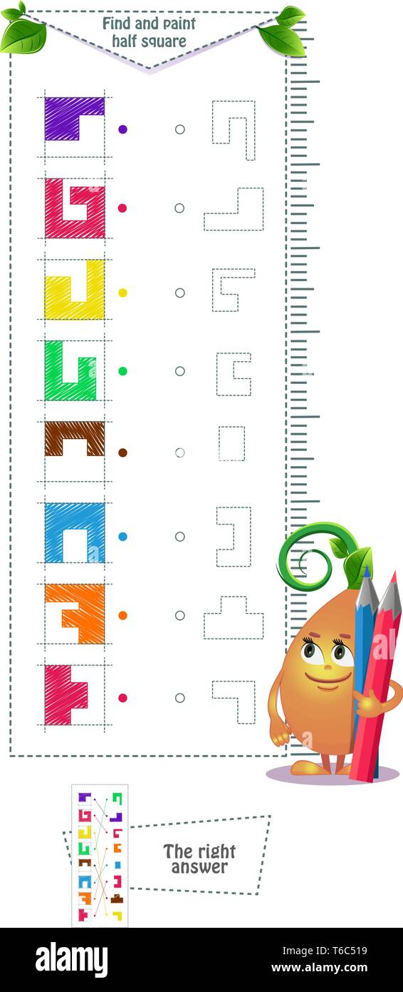 Jeu éducatif pour les enfants et les adultes le développement de la logique, l'IQ. Groupe de jeu pour les enfants à trouver et à peindre la moitié square Illustration de Vecteur