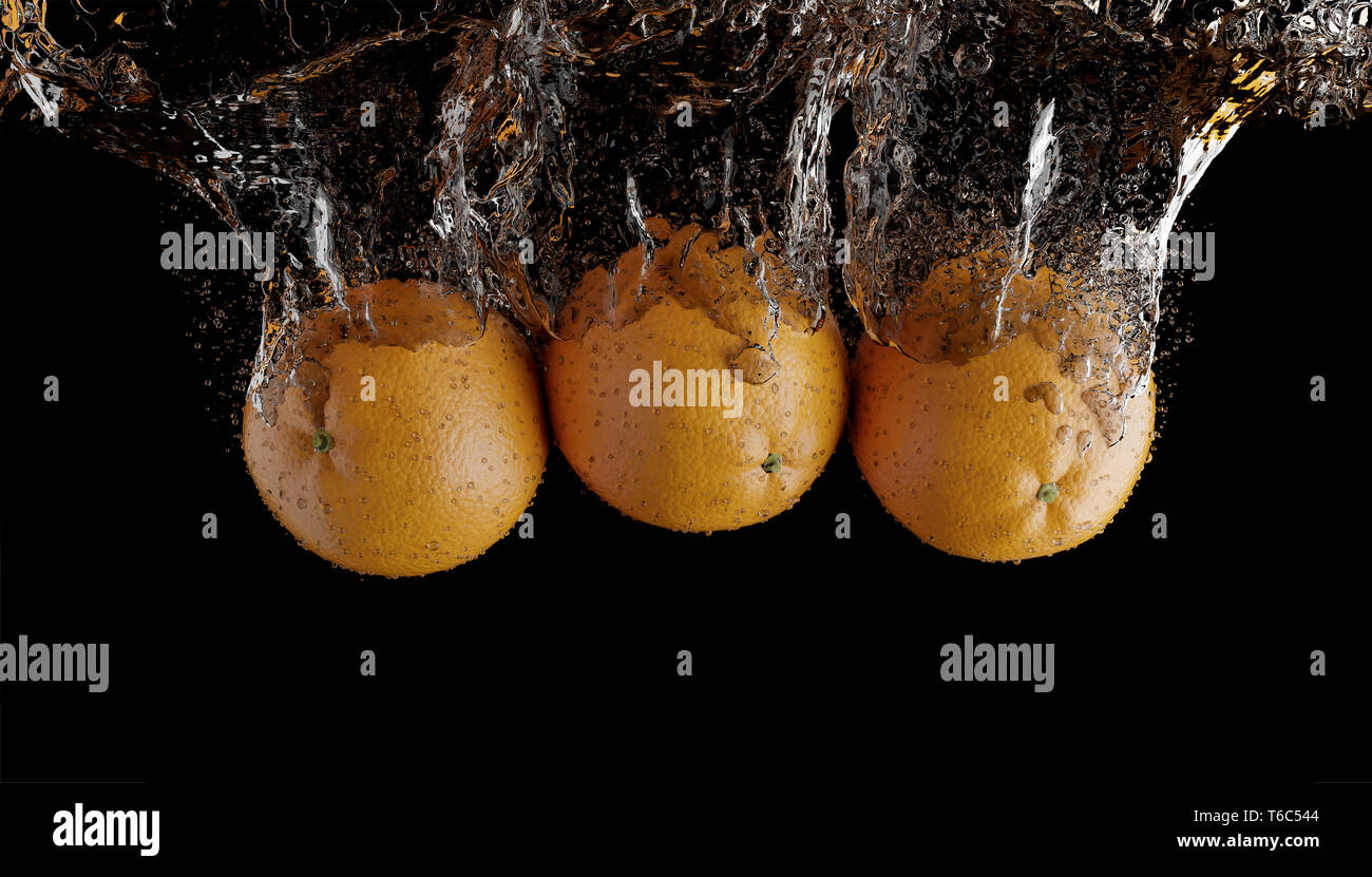 Vue rapprochée de nice fresh orange sur fond noir, avec de l'eau splash Banque D'Images