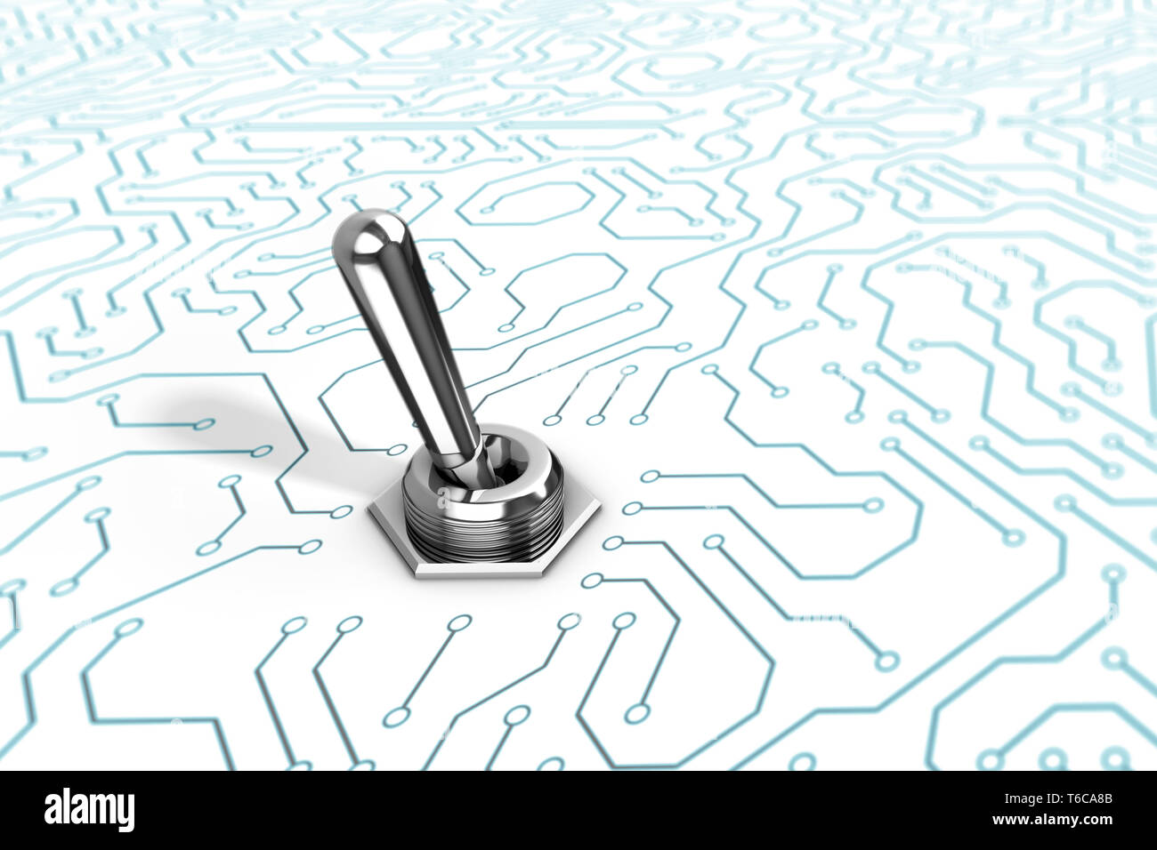 Une réflexion de l'interrupteur à bascule du chrome un circuit imprimé bleu et blanc arrière-plan. Un 3D illustration. Banque D'Images
