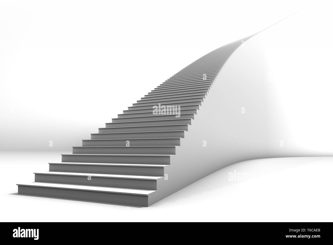 Un grand escalier courbe blanc lumineux sur fond blanc. Beaucoup d'espace négatif pour copier et graphiques. Excellent pour la croissance des entreprises ou conceptuelles appl Banque D'Images