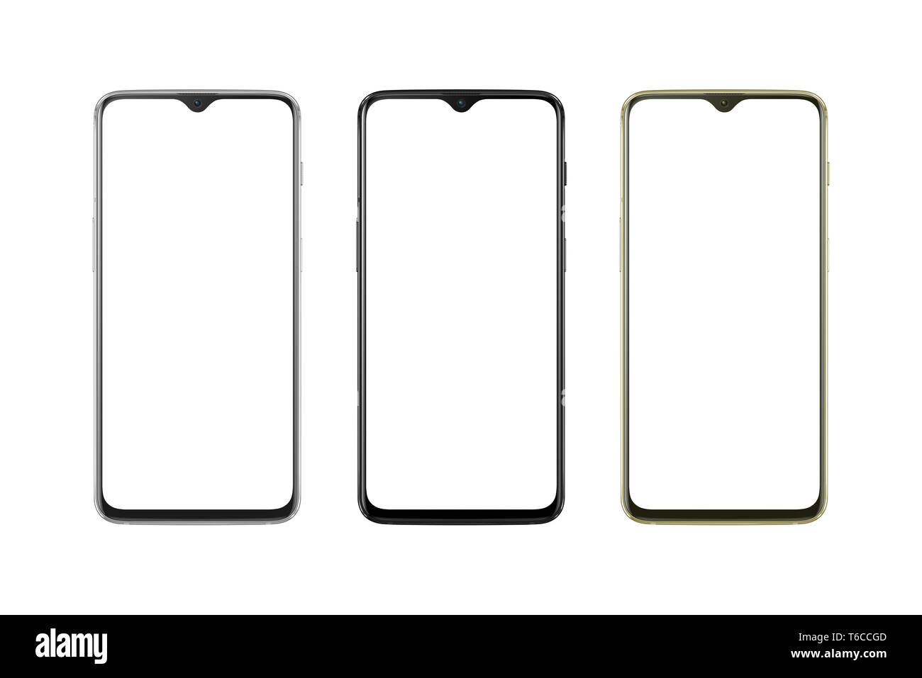 Mince moderne, bords arrondis phone en argent, noir et couleur or. Écran blanc pour immersive, isolé. Banque D'Images