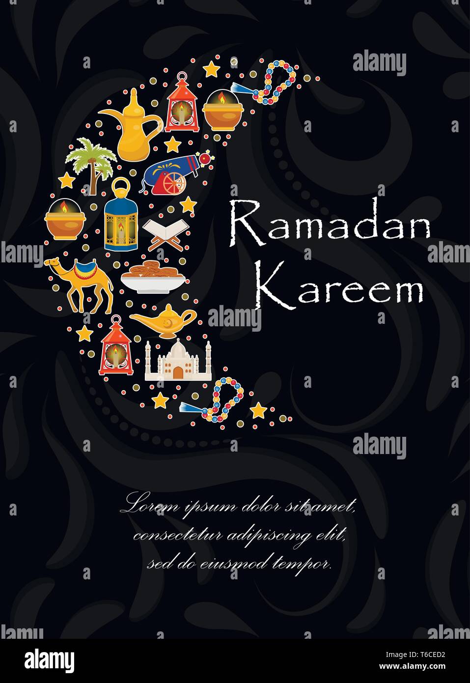 Ramadan kareem carte postale avec des éléments de design arabe camel, Coran, lanternes, Rosaire, de l'alimentation, de la mosquée. Vector illustration. Illustration de Vecteur