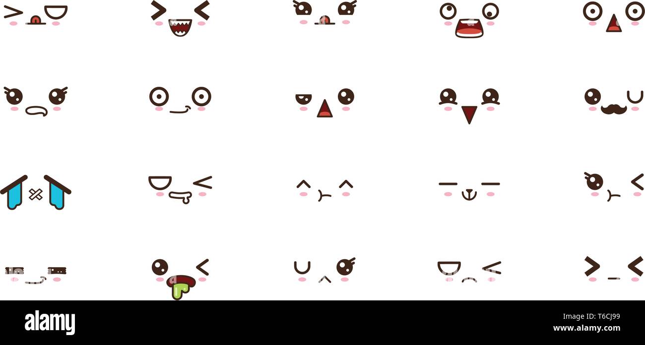 Les expressions des visages Kawaii sourire mignon des émoticônes. Emoji japonais Image